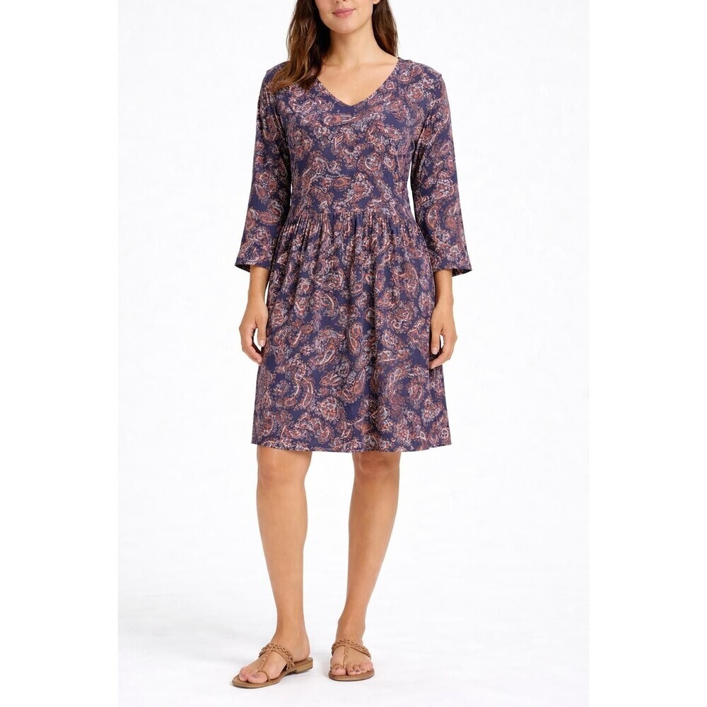 Garnet Hill Dress Blue Navy Pockets 12 Lined V-Neck Paisley Boho Cottagecore